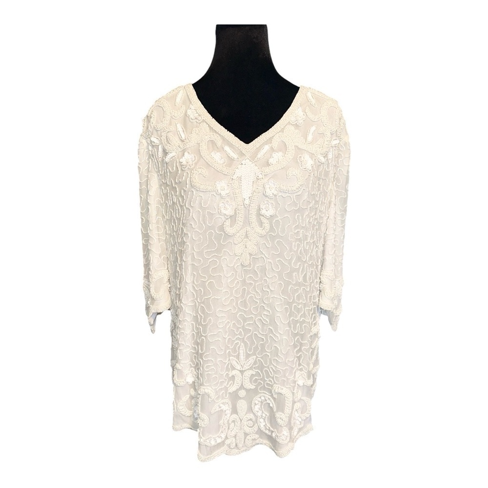 Vintage Rare Tan Chho Solid White Beaded Sequins Evening Top Approx Size XL
